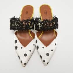 Pre Owned Malone Souliers x Emanuel Ungaro White/Black Polka Dot Satin and Lace Maisie Mules Size 36