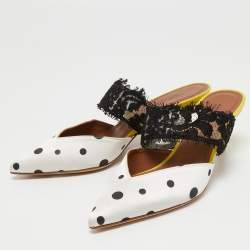 Pre Owned Malone Souliers x Emanuel Ungaro White/Black Polka Dot Satin and Lace Maisie Mules Size 36