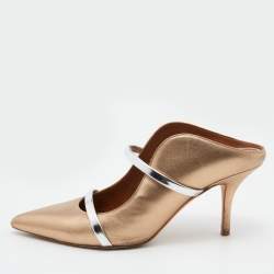 Pre Owned Malone Souliers Metallic Beige/Silver Leather Maureen Pointed Toe Mules Size 39