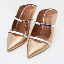 Pre Owned Malone Souliers Metallic Beige/Silver Leather Maureen Pointed Toe Mules Size 39