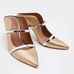 Pre Owned Malone Souliers Metallic Beige/Silver Leather Maureen Pointed Toe Mules Size 39