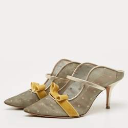 Pre Owned Malone Souliers Metallic Mesh and Velvet Marguerite Bow Mules Size 38.5