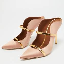 Pre Owned Malone Souliers Pink/Gold Satin and Leather Maureen Mules Size 41