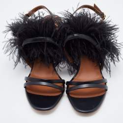 Pre Owned Malone Souliers Black Leather Sonia Feather Slide Sandals Size 37