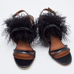 Pre Owned Malone Souliers Black Leather Sonia Feather Slide Sandals Size 37