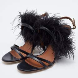Pre Owned Malone Souliers Black Leather Sonia Feather Slide Sandals Size 37