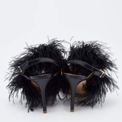 Pre Owned Malone Souliers Black Leather Sonia Feather Slide Sandals Size 37