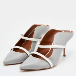 Pre Owned Malone Souliers Grey/White Leather Maureen Pointed Toe Mules Size 39.5