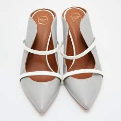 Pre Owned Malone Souliers Grey/White Leather Maureen Pointed Toe Mules Size 39.5