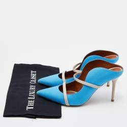 Pre Owned Malone Souliers Blue/Beige Canvas and Leather Maureen Pointed Toe Mules Size 39