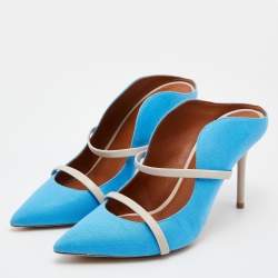 Pre Owned Malone Souliers Blue/Beige Canvas and Leather Maureen Pointed Toe Mules Size 39
