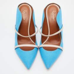 Pre Owned Malone Souliers Blue/Beige Canvas and Leather Maureen Pointed Toe Mules Size 39