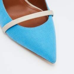 Pre Owned Malone Souliers Blue/Beige Canvas and Leather Maureen Pointed Toe Mules Size 39