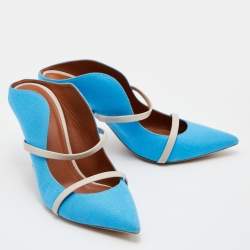 Pre Owned Malone Souliers Blue/Beige Canvas and Leather Maureen Pointed Toe Mules Size 39