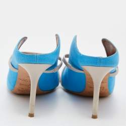 Pre Owned Malone Souliers Blue/Beige Canvas and Leather Maureen Pointed Toe Mules Size 39