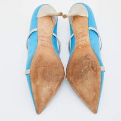 Pre Owned Malone Souliers Blue/Beige Canvas and Leather Maureen Pointed Toe Mules Size 39