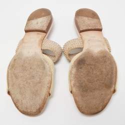 Pre Owned Malone Souliers Cream Woven Raffia Flat Slides Size 35.5