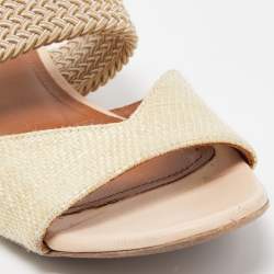 Pre Owned Malone Souliers Cream Woven Raffia Flat Slides Size 35.5