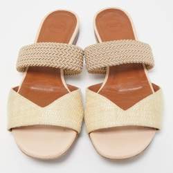Pre Owned Malone Souliers Cream Woven Raffia Flat Slides Size 35.5