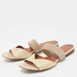 Pre Owned Malone Souliers Cream Woven Raffia Flat Slides Size 35.5