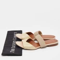 Pre Owned Malone Souliers Cream Woven Raffia Flat Slides Size 35.5