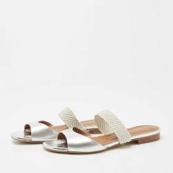 Pre Owned Malone Souliers Silver Leather Slide Flats Size 37.5