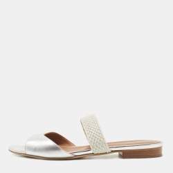 Pre Owned Malone Souliers Silver Leather Slide Flats Size 37.5