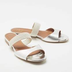 Pre Owned Malone Souliers Silver Leather Slide Flats Size 37.5