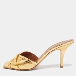 Pre Owned Malone Souliers Gold Leather Perla Slide Sandals Size 38