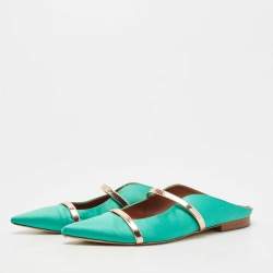 Pre Owned Malone Souliers Green/Rose Gold Satin and Leather Maureen Flat Mules Size 38