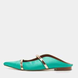 Pre Owned Malone Souliers Green/Rose Gold Satin and Leather Maureen Flat Mules Size 38