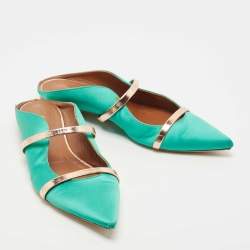 Pre Owned Malone Souliers Green/Rose Gold Satin and Leather Maureen Flat Mules Size 38