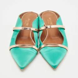 Pre Owned Malone Souliers Green/Rose Gold Satin and Leather Maureen Flat Mules Size 38