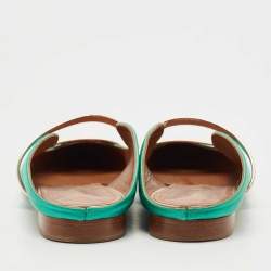 Pre Owned Malone Souliers Green/Rose Gold Satin and Leather Maureen Flat Mules Size 38