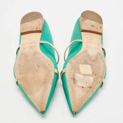 Pre Owned Malone Souliers Green/Rose Gold Satin and Leather Maureen Flat Mules Size 38