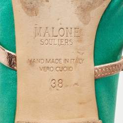 Pre Owned Malone Souliers Green/Rose Gold Satin and Leather Maureen Flat Mules Size 38