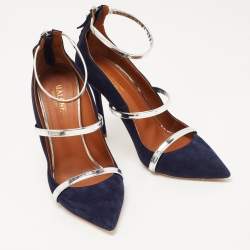 Pre Owned Malone Souliers Navy Blue/Silver Suede and Leather Robyn Pumps Size 39