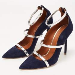Pre Owned Malone Souliers Navy Blue/Silver Suede and Leather Robyn Pumps Size 39