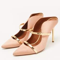 Pre Owned Malone Souliers Pink/Gold Satin and Leather Maureen Mules Size 39