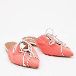 Pre Owned Malone Souliers Orange/Silver Canvas Annie Lace Up Flat Mules Size 38.5