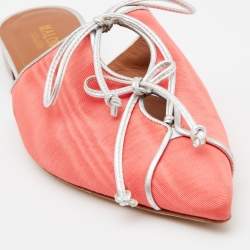 Pre Owned Malone Souliers Orange/Silver Canvas Annie Lace Up Flat Mules Size 38.5