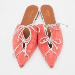 Pre Owned Malone Souliers Orange/Silver Canvas Annie Lace Up Flat Mules Size 38.5