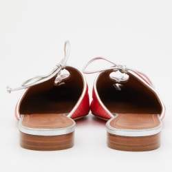Pre Owned Malone Souliers Orange/Silver Canvas Annie Lace Up Flat Mules Size 38.5