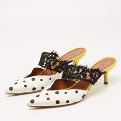 Pre Owned Malone Souliers x Emanuel Ungaro White/Black Polka Dot Satin and Lace Maisie Mules Size 40.5