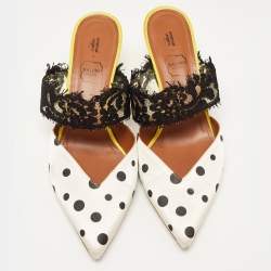 Pre Owned Malone Souliers x Emanuel Ungaro White/Black Polka Dot Satin and Lace Maisie Mules Size 40.5