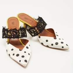 Pre Owned Malone Souliers x Emanuel Ungaro White/Black Polka Dot Satin and Lace Maisie Mules Size 40.5
