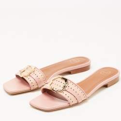 Pre Owned Malone Souliers Pink Perforated Leather Gena Flat Slides Size 36