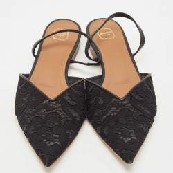 Pre Owned Malone Souliers Black Lace and Leather Maria Slingback Flat Sandals Size 38.5