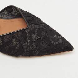 Pre Owned Malone Souliers Black Lace and Leather Maria Slingback Flat Sandals Size 38.5