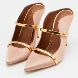 Pre Owned Malone Souliers Pink/Gold Satin and Leather Maureen Mules Size 39.5